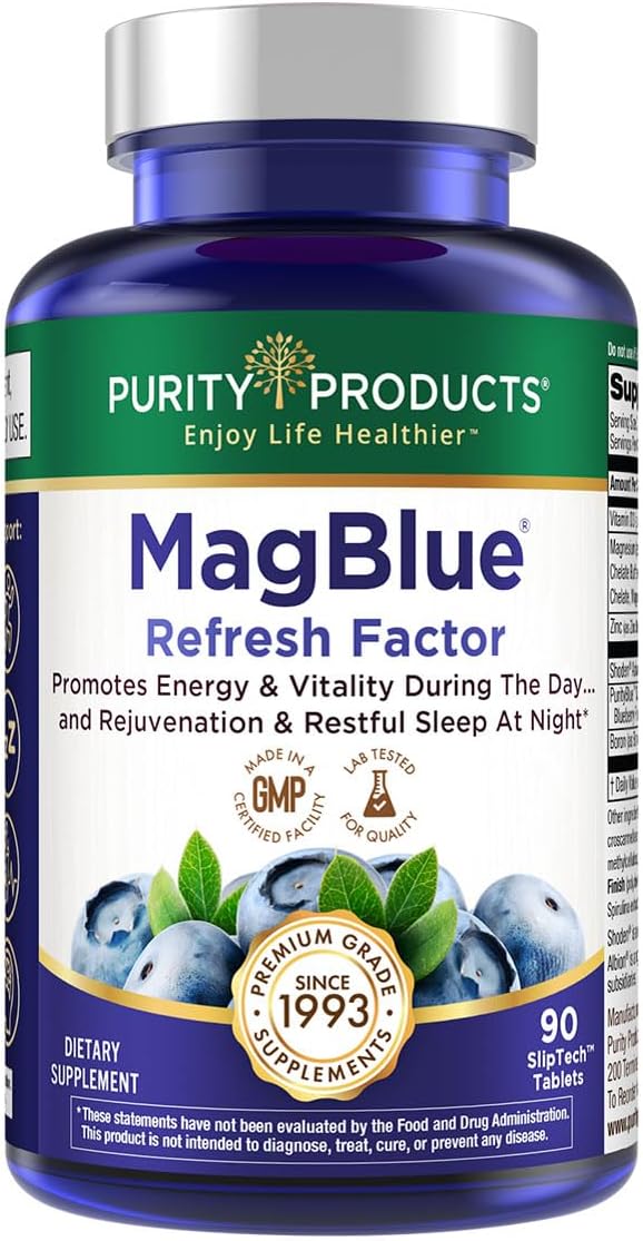 Purity Products MagBlue Refresh Factor Super Boost - Magnesium Bisglycinate Shoden Ashwagandha Vitamin D3 Zinc and Boron - 90 Tablets