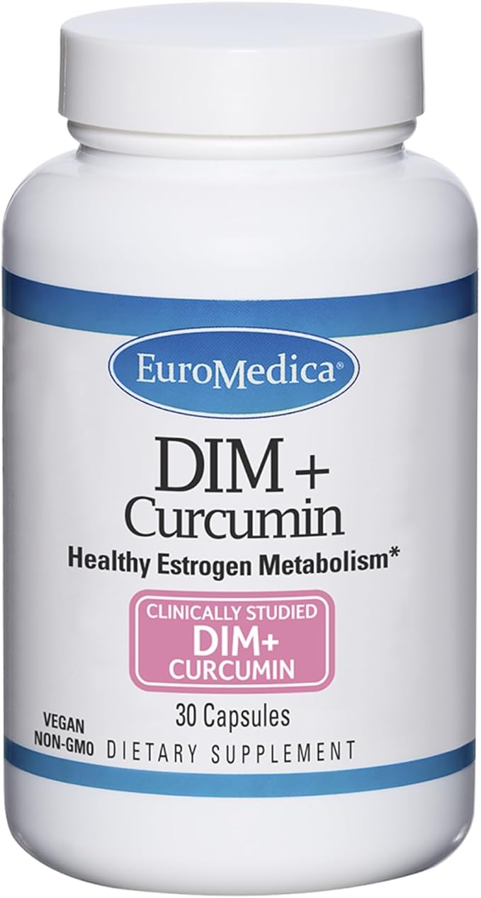 EuroMedica DIM + Curcumin - Estrogen Balance Support Supplement - Dietary Supplement with Curcumin &amp Grape Seed Extract - Turmeric Essential Oil for Healthy Metabolism Support - 30 Capsules