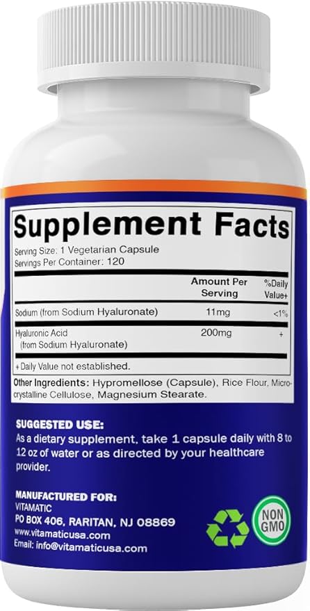 Vitamatic 3 Pack Hyaluronic Acid Supplements 200mg - Supports Healthy Connective Tissue and Joints - Promote Youthful Healthy Skin - Total 360 Capsules