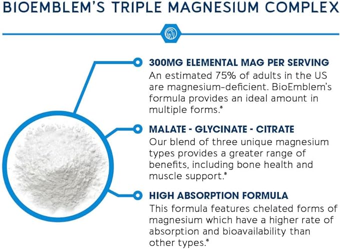 BioEmblem High Absorption Triple Magnesium Complex 300mg | Magnesium Glycinate for Nerves Malate for Energy Supplement to Support Muscle Health | Vegan Non-GMO 270 Capsules
