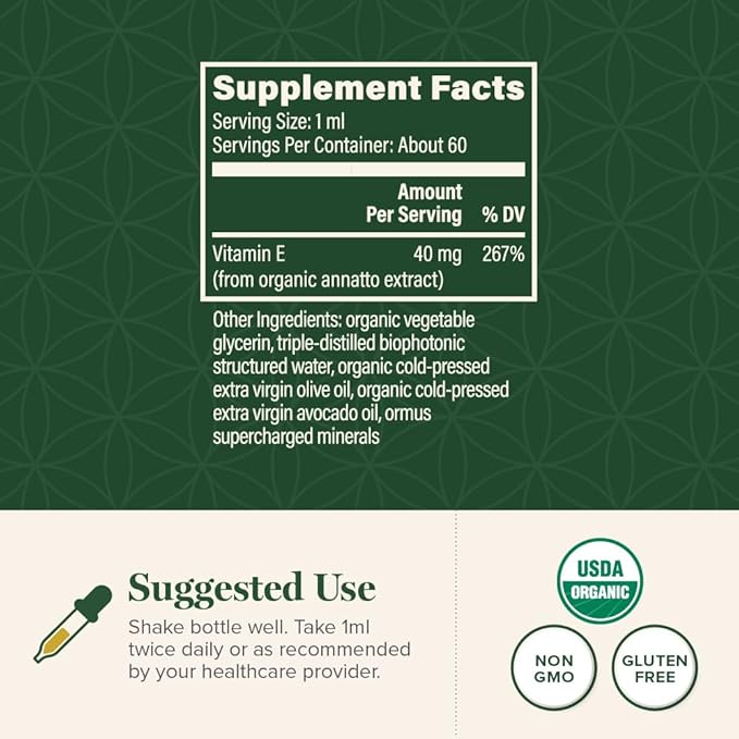 Global Healing Organic Vitamin E Liquid Drops 40 mg - Natural D-Alpha Tocopherol 15% α-tocopherol - Vegan Liquid Vitamin E Oil Oral Supplement for Skin - Low Dose Liposomal Vitamin (2 Oz)
