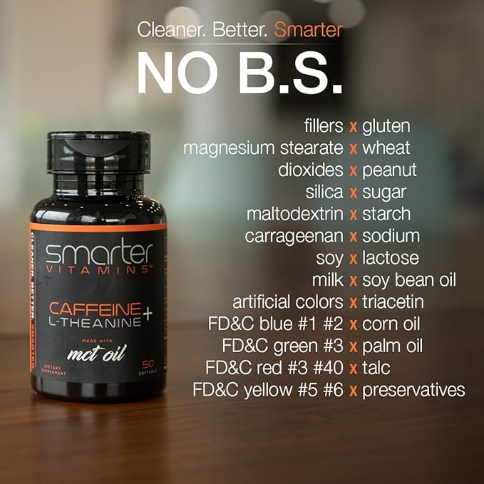 SmarterVitamins (3-Pack 200mg Caffeine Pills with 100mg L-Theanine + Coconut MCT Oil Energy and Focus Extended Release Capsule 150 Liquid Softgels