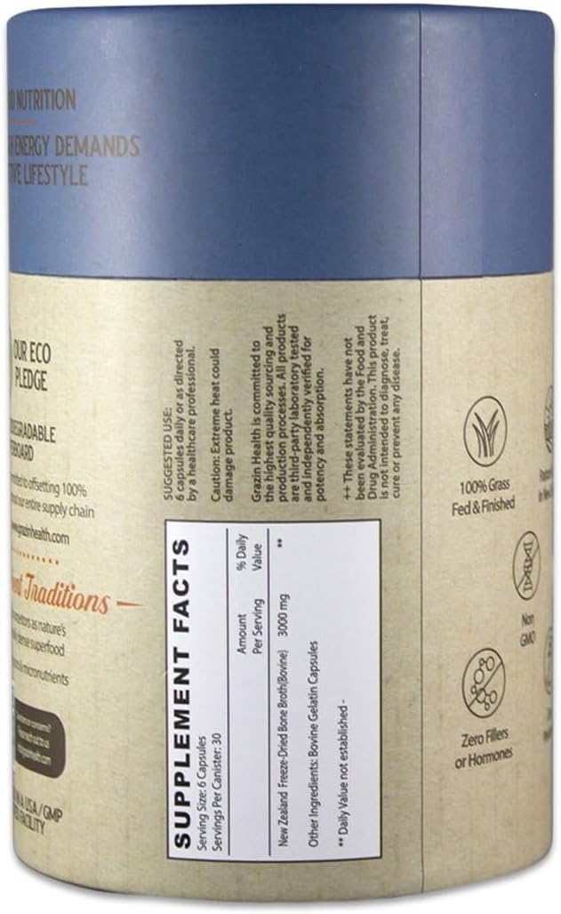 Freeze-Dried Grass-Fed Bovine Bone Broth Capsules – 3000mg Per Serving – Collagen Protein &amp Amino Acids – Pasture-Raised in New Zealand Manufactured in USA – 30 Servings