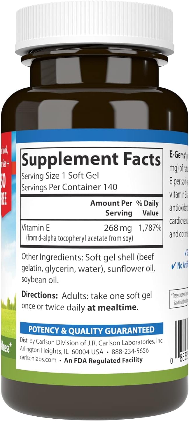 Carlson - E-Gems 400 IU (268 mg) Natural-Source Vitamin E Optimal Wellness 140 Soft Gels