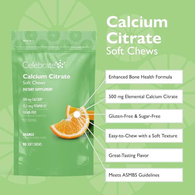 Celebrate Vitamins Bariatric 500mg Calcium Citrate Soft Chews with 500 IU Vitamin D3 – Essential for Gastric Bypass Patients &amp Bone Health - Sugar &amp Gluten Free Orange (90 Chews)
