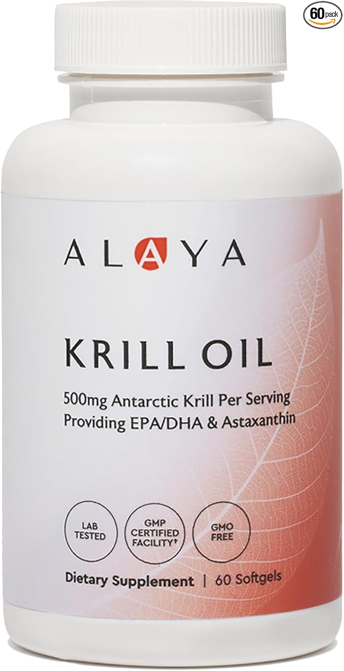 Alaya Naturals - Antarctic Krill Oil 500mg Supplement with Phospholipids EPA/DHA Omega 3 &amp Astaxanthin - Non-GMO - PCB Tested Krill Oil - 60 Softgels