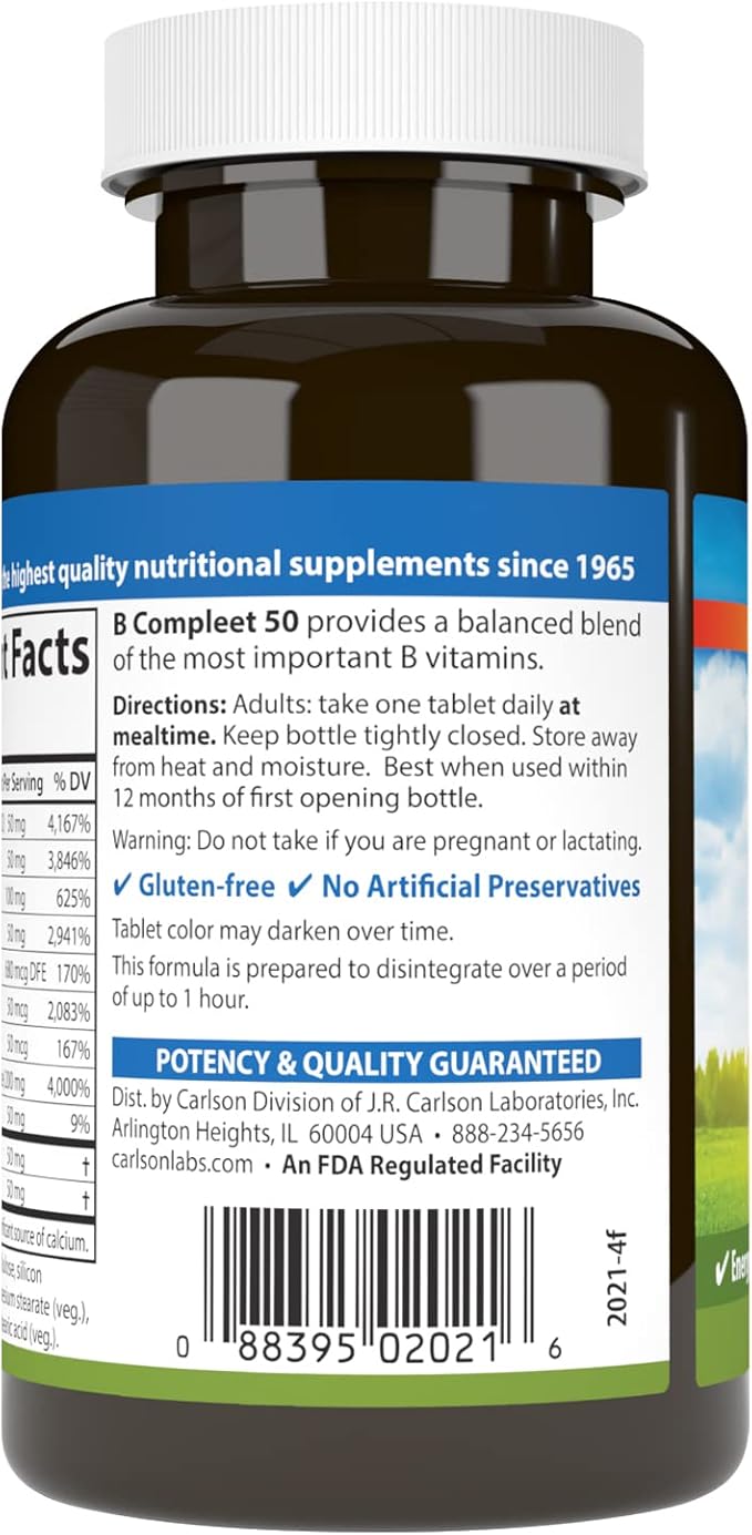 Carlson - B Compleet 50 Balanced Vitamin B Complex Energy Production Cellular Support &amp Optimal Wellness 100 Tablets