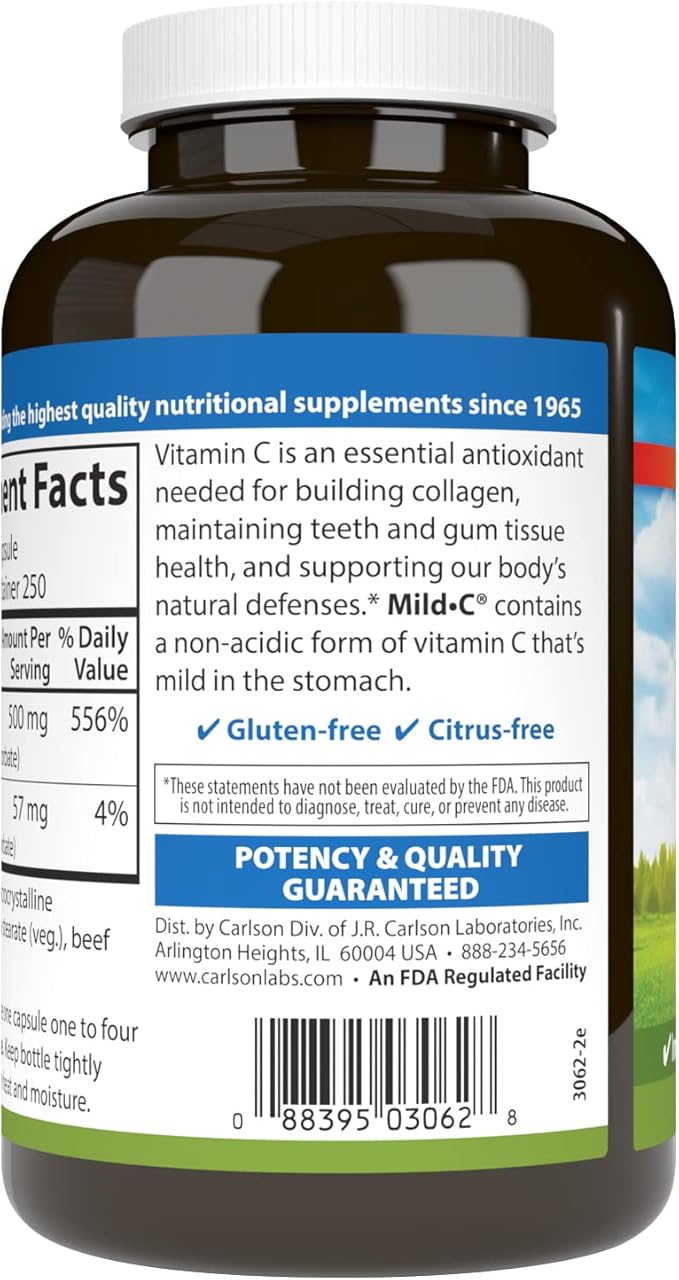 Carlson - Mild-C 500 mg Buffered Vitamin C Immune Support &amp Optimal Wellness Antioxidant 250 capsules