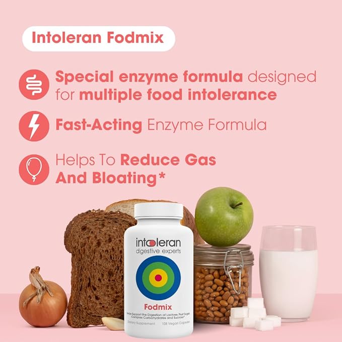 Intoleran Fodmix (Quatrase) Digestive Enzymes - 108 Capsules | Highly Dosed Supplement for FODMAP Intolerance | Helps Digest Lactose and Complex Carbohydrates | Pure &amp Vegan | Low FODMAP