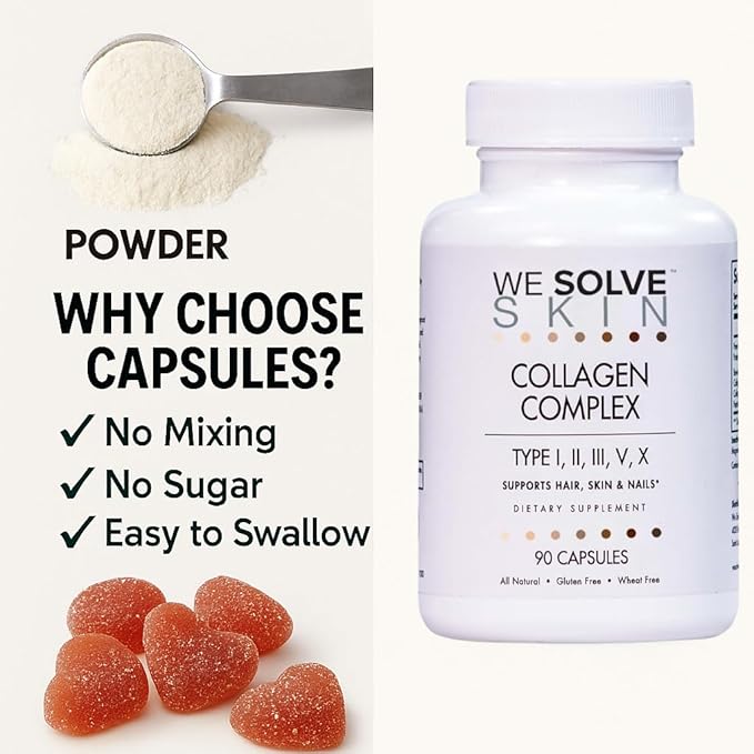 Multi Collagen Peptides Pills for Women &amp Men – 5 Types (I II III V X) – Marine Chicken &amp Bovine Collagen – Supports Hair Skin Nails Joints &amp Bones – Gluten-Free Capsules (90 Count