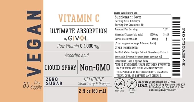 Vitamin C Spray: Daily Absorption Liquid Extract with Lemon Orange Strawberry Rich in Ascorbic Acid 2oz (60ml) 60 Day Supply