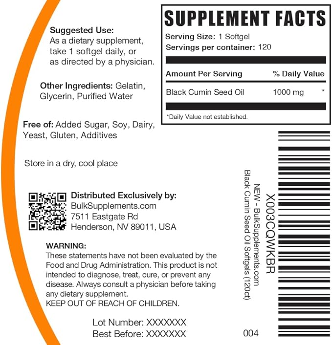 BulkSupplements.com Black Cumin Seed Oil Softgels - Black Cumin Seed Oil 1000mg - Gluten Free 1 Softgel per Serving 120 Count (Pack of 1)