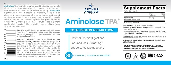 Arthur Andrew Medical - Aminolase TPA Total Protein Assimilation Optimal Protein Absorption and Decreased Gas and Bloating Vegan Non-GMO 30 Capsules