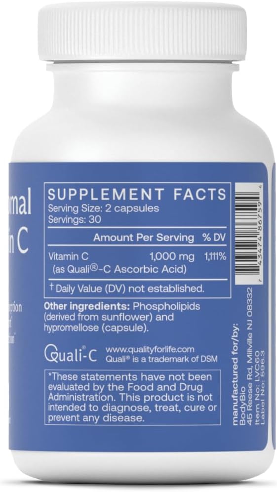 BodyBio Liposomal Vitamin C - Powerful Antioxidant for Immune Support and Cellular Health 1000 mg Pure Ascorbic Acid with Maximum Absorption
