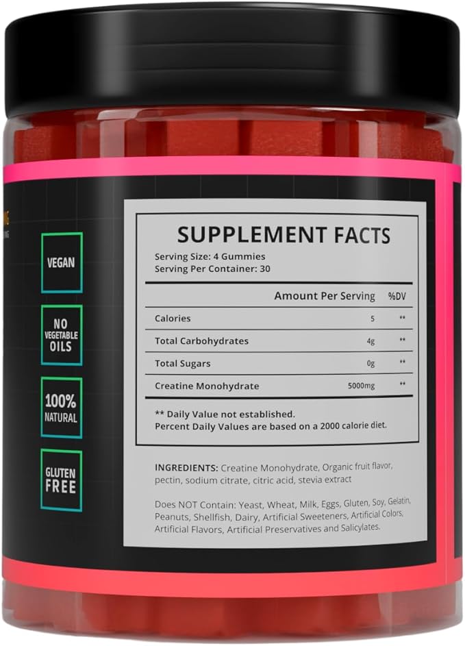 Jaeva Sugar Free Creatine Monohydrate Gummies 5g 5000mg for Men &amp Women Strawberry - 120 Count Pre Workout for Energy Boost for Building Muscle and Strength Vegan Non-GMO 3rd Party lab Test