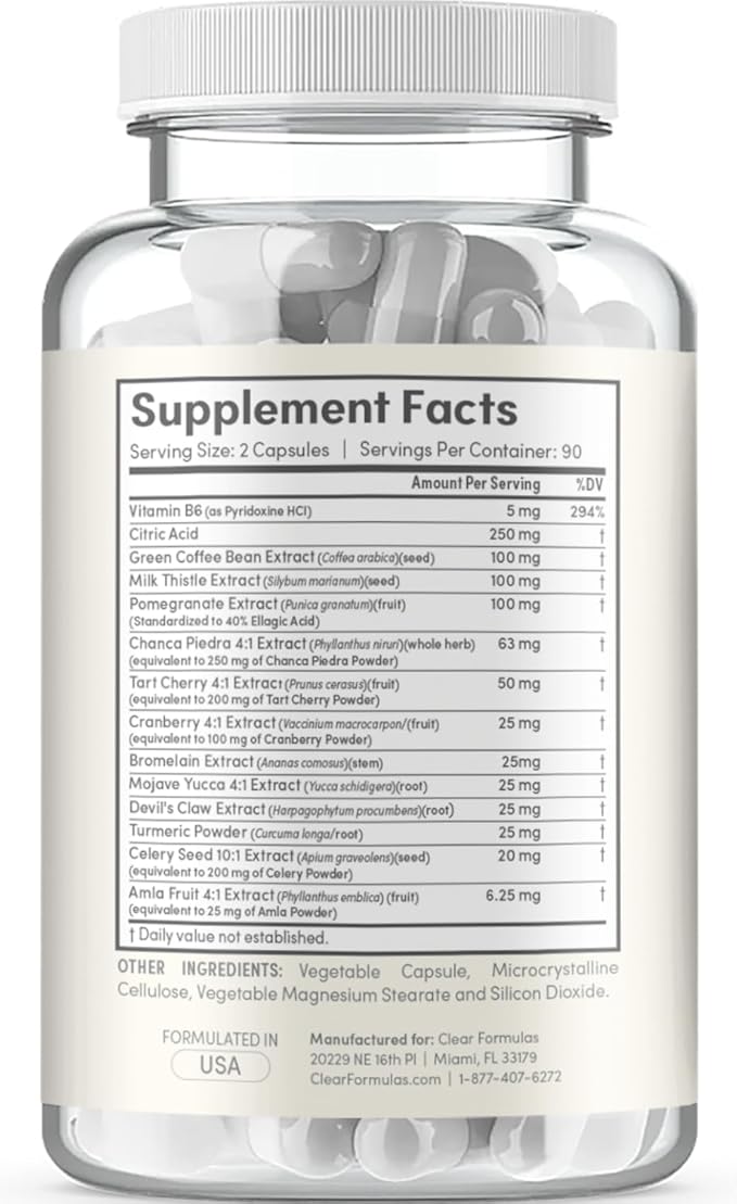 Herbal Uric Acid Support Formula - Kidney &amp Uric Acid Cleanse &amp Detox with Chanca Piedra Tart Cherry Celery Seed Bromelain &amp Cranberry Extract - Made in a GMP Certified Facility (90 Servin