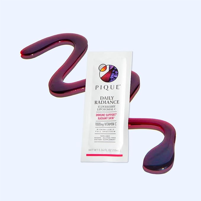 PIQUE Daily Radiance Liposomal Vitamin C for Immune Support - 1000 mg Vitamin C &amp 1900 mg Elderberry per Packet Powerful Antioxidants for Healthy Collagen Production - 28 Packets (10mL Each)