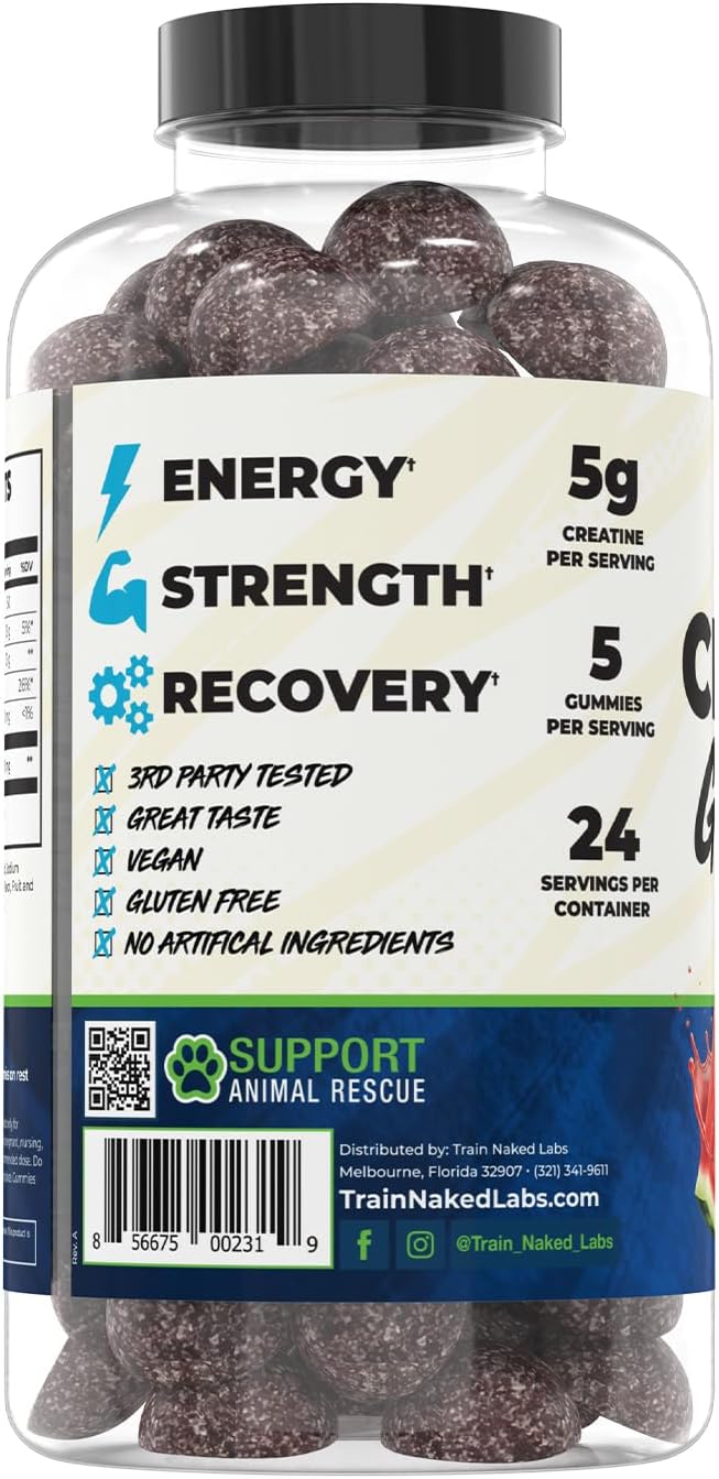 Train Naked Labs Creatine Gummies | Gummy Creatine Chewables for Men &amp Women | 5g per Serving | Gluten Free &amp Vegan | 120 Gummies 24 Servings (Melon Slice)