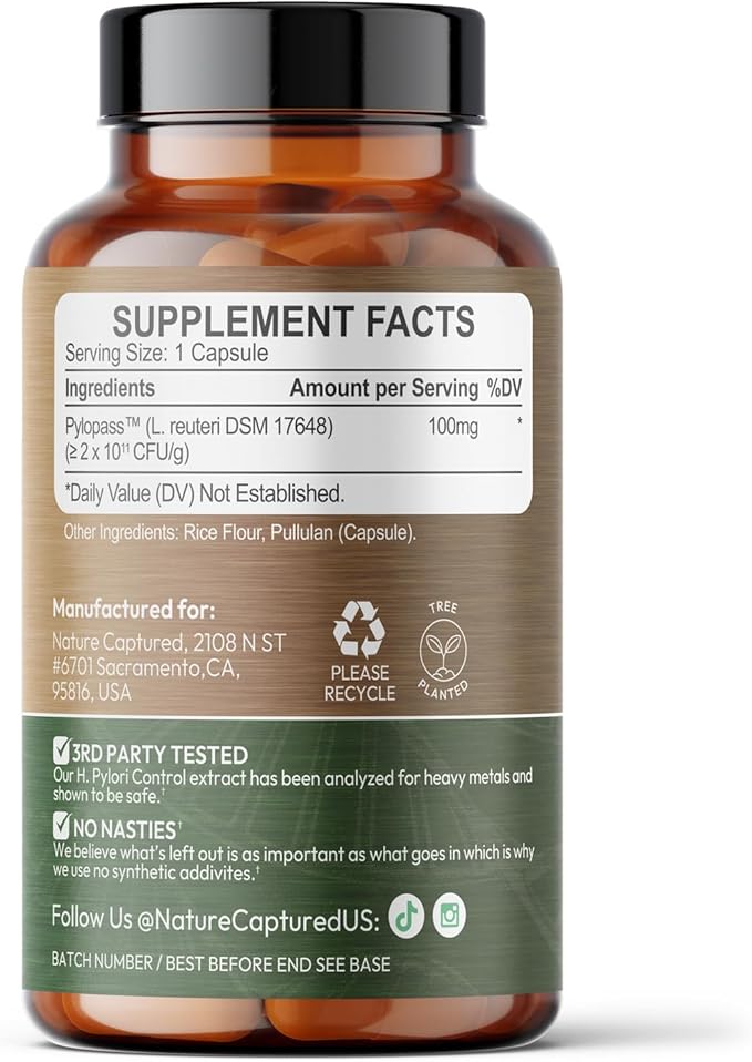 H Pylori Control - with Pylopass™ - Lactobacillus Reuteri DSM 17648-60 Capsules - 200 Billion CFU/g - Supports Stomach &amp Gut Health - GMP - Additive Free