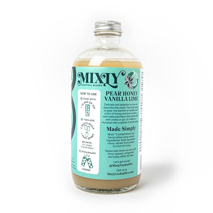 Mixly Pear Honey Vanilla Lime Mixer Made with Fresh Squeezed Juice Ready to Drink Use with Vodka Gin Soda Water 16 oz.
