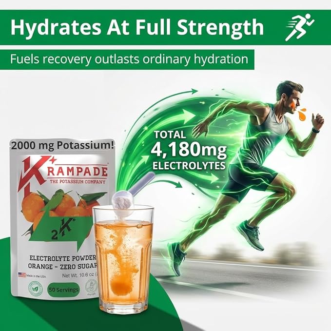 Krampade High Potassium Electrolytes Powder Zero Sugar Orange 4180mg Electrolytes 2000mg Potassium Cramp Relief &amp Prevention Cellular Hydration Better Endurance &amp Recovery Keto 50 Servi