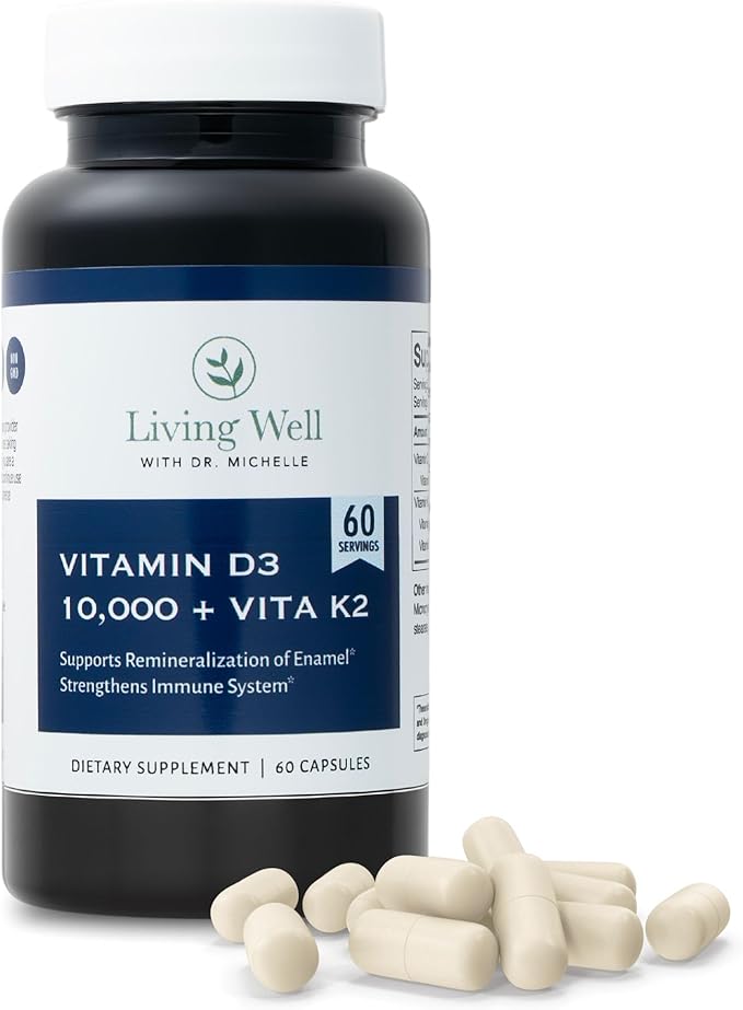 Living Well with Dr. Michelle Vitamin D3 10000 IU with K2 – Immune Teeth Bone Health Support Non-GMO Gluten &amp Dairy Free 60 Day Supply 60 Capsules
