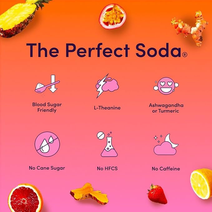 PERFY Caffeine Free Healthy Soda Variety Pack | Made With Real Fruit Juice – Low Sugar Nootropic Drinks with L-Theanine + Turmeric or Ashwagandha | Calming Functional Mocktail Sampler | Keto + GLP-1 F