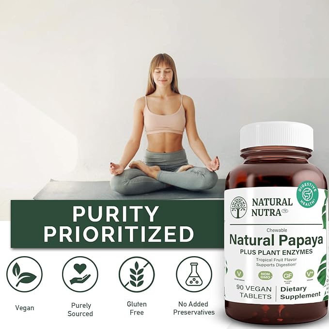 Natural Nutra Papaya Chewable Enzymes for Digestion and Body Cleanse - Supports Digestive Health Ease Gastrointestinal Discomfort - Nutrient Absorption and Reduces Bloating - 90 Vegan Tablets