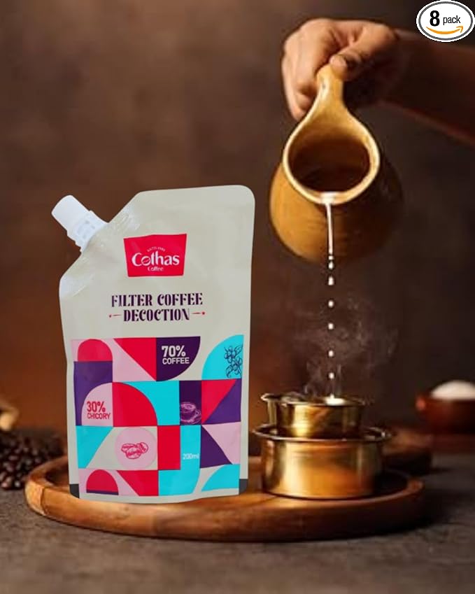 Cothas Ready To Use Filter Coffee Decoction - Each Pouch 200ml Pack of 8 = 4lbs [ Ro Purified Water70% Coffee 30% Chicory ]