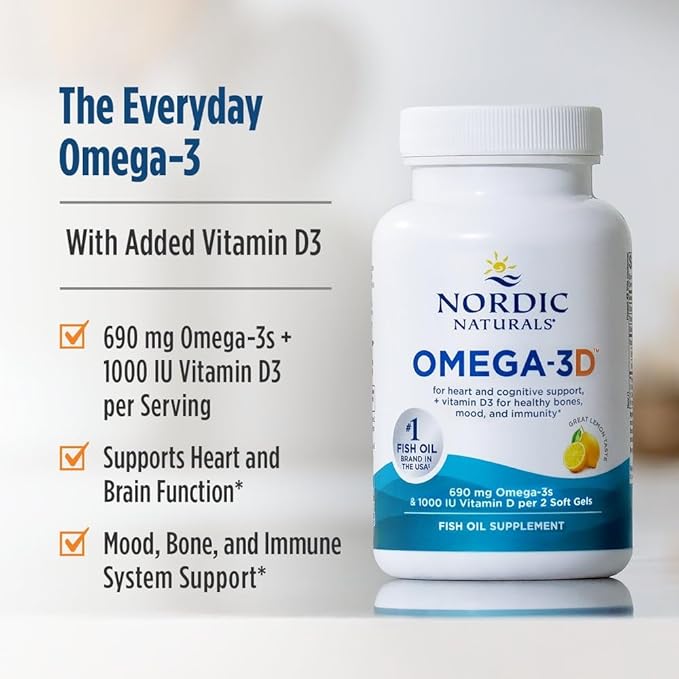 Nordic Naturals Omega-3D Lemon Flavor - 120 Soft Gels - 690 mg Omega-3 + 1000 IU Vitamin D3 - Fish Oil - EPA &amp DHA - Immune Support Brain &amp Heart Health Healthy Bones - Non-GMO - 60 Serving