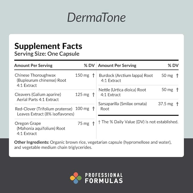 Professional Formulas DermaTone - Support for Liver &amp Lymphatic Health* with Bupleurum Cleavers Oregon Grape Burdock Nettle &amp Red-Clover - Vegetarian Gluten Free Hypoallergenic 90 Caps