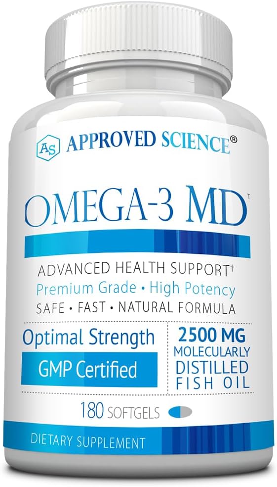 Omega-3 MD - EPA &amp DHA Supplement - 2500mg Omega 3 Fish Oil for Heart Health Brain Support Joint Comfort &amp Overall Wellness - 1 Bottle - 3 Month Supply