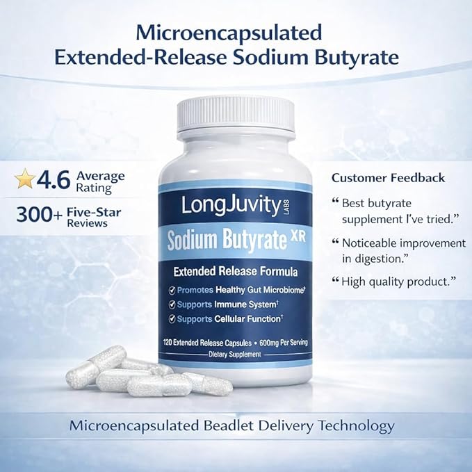 LongJuvity Sodium Butyrate Supplement (300mg) - Optimal Gut Health for Men &amp Women - Digestion Support &amp Leaky Gut Repair - Postbiotic Short Chain Fatty Acid Lab Tested (120 Extended Release