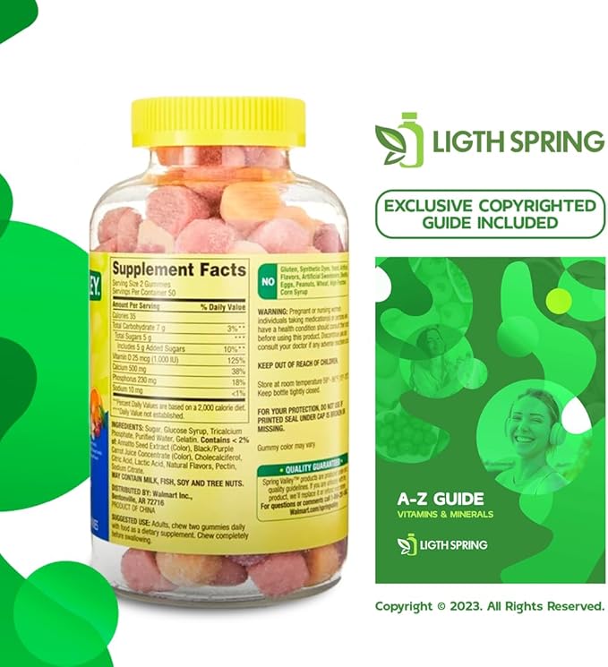 Calcium Plus Vitamin D Adult Gummies 500mg 1000 IU Assorted Flavors 100 Ct (2 Pack) Bundle with Exclusive Vitamins &amp Minerals - A to Z - Better Light&ampSpring Guide (3 Items)
