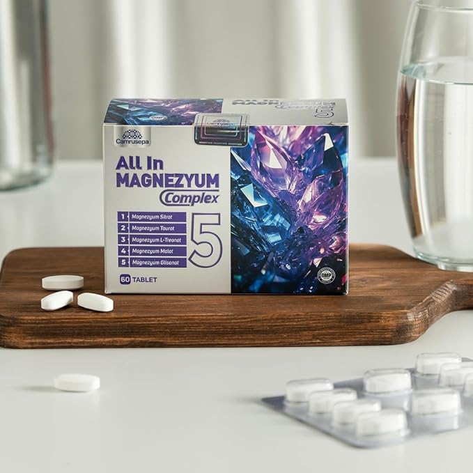 All in Magnezyum Complex 5 – Five Forms of Magnesium (L-Threonate Taurate Citrate Glycinate Malate) - Supports Muscle Function Nerve Support &amp Energy Production – 60 Tablets