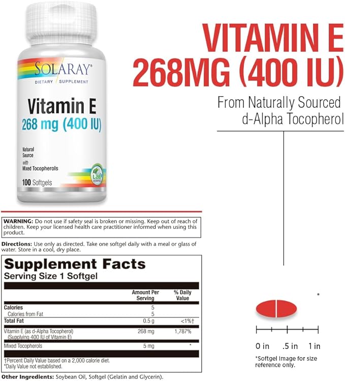 SOLARAY Vitamin E d-Alpha Tocopherol 268mg (400 IU) | Heart &amp Skin Health Antioxidant Activity Support | 100ct