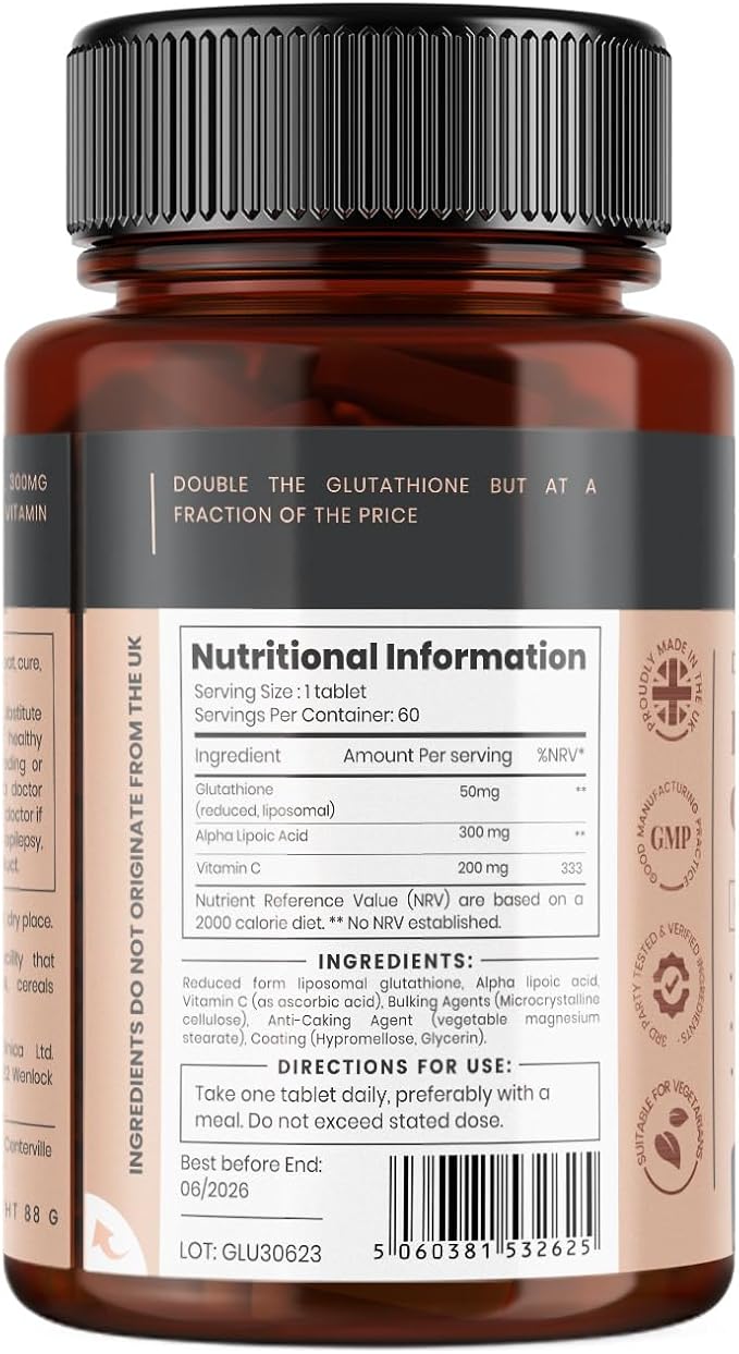 Glutathione 1000mg x 360 Tablets (6 Bottles of 60)- w/500mg Glutathione 300mg ALA and 200mg VIT C per Tablet