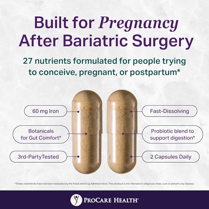 ProCare Health Prenatal Bariatric Multivitamin with Iron (60 Easy to Swallow Capsules) – for Women Bariatric Vitamins for Gastric Bypass &amp Gastric Sleeve (1 Month Supply)
