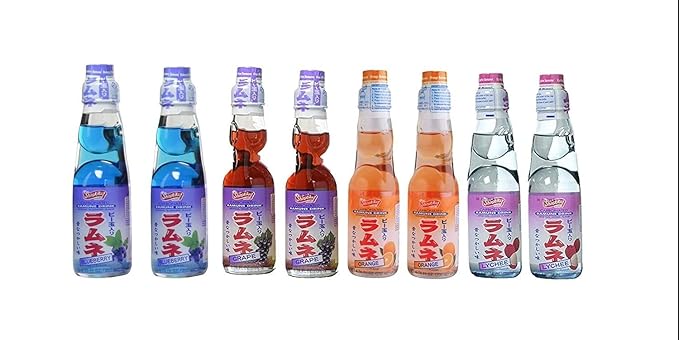 RAMUNE Japanese Soft Drink Variety 8-Pack 6.76 Fluid Ounce Each (Blueberry-Grape-Orange-Lychee (2 Each))