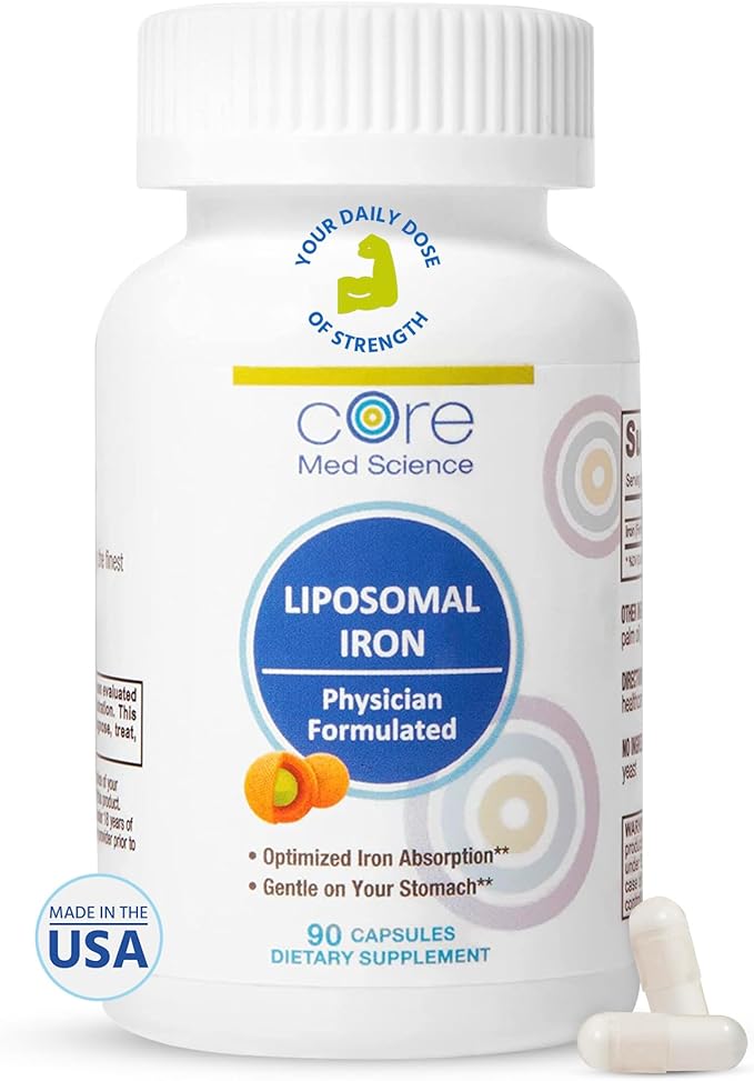 Core Med Science Liposomal Iron Supplement for Women &amp Men 65mg (90 Capsules) - Iron Absorption Vitamin Pills for Deficiency During Pregnancy - Easy to Swallow &amp Gentle on Stomach - Dairy-Fre