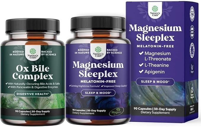 Bundle of Digestive Enzymes with Ox Bile Supplements for No Gallbladder for Pancrease Cleanse &amp Detox and High Absorption Magnesium Sleep Supplement Magtein Magnesium L-Threonate and Apigenin Thea