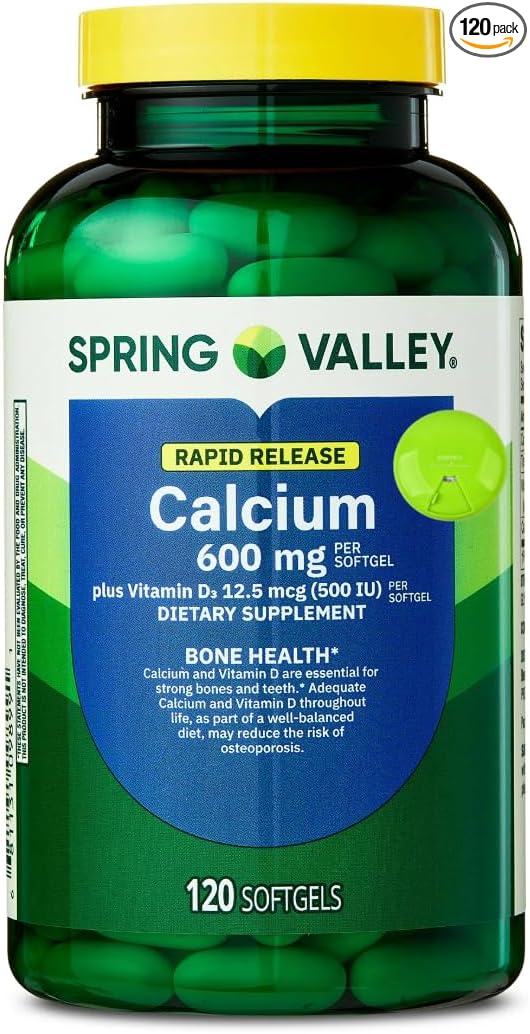 SUREFECT Spring Valley Calcium 600mg + Vitamin D3 1000IU - 120 Rapid-Release Softgels - Bone &amp Teeth Support Organizer.