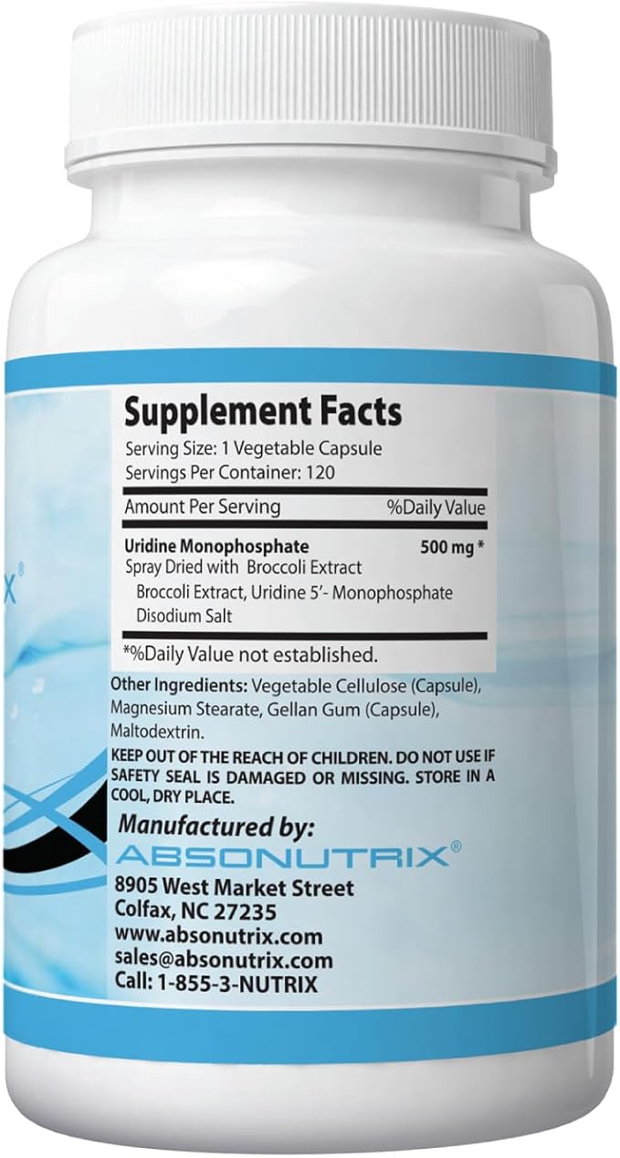 Absonutrix Uridine Monophosphate (Choline Enhancer) 500mg per Capsule - 120 Vegetable Capsules Memory Made in USA