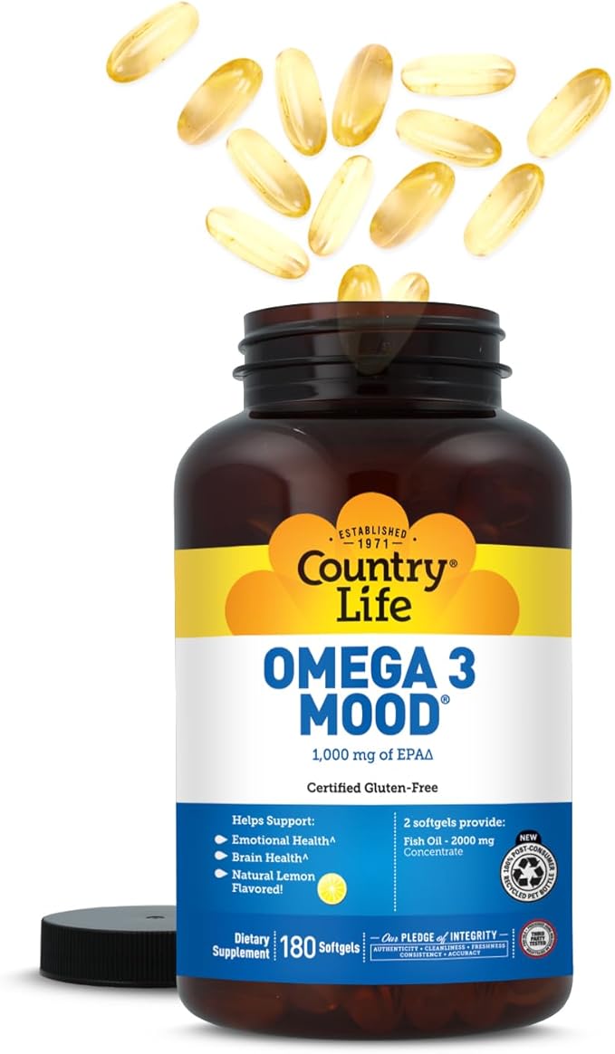 Country Life Omega 3 Fish Oil Supplement - High Concentration EPA and DHA Omega 3 Fatty Acids - 2000mg Fish Oil for Emotional Health Mood Support and No Fish Taste - Natural Lemon Flavor