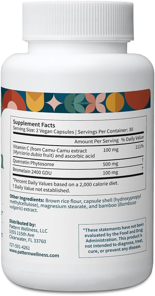Pattern Wellness Quercetin Supplement with Bromelain - Immune Function &amp Cellular Health Support - Antioxidant &amp Whole Body Wellness - 180 Vegan Capsules