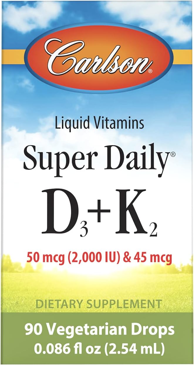 Carlson - Super Daily D3 + K2 50 mcg D3 + 45 mcg MK-7 Heart &amp Bone Health 90 Liquid Drops 2.54 ml (Pack of 2)