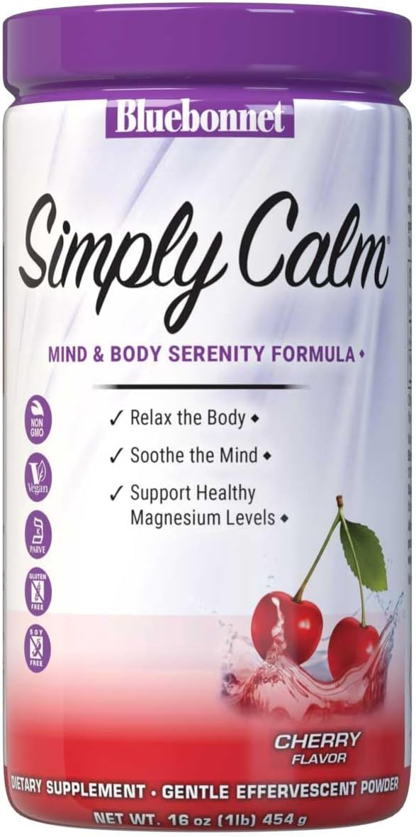 Bluebonnet Nutrition Simply Calm Powder for Calm* Muscle Cramps* Stress Relief* Non-GMO Vegan Kosher Certified Gluten-Free Soy-Free Dairy-Free 16 oz 82 Servings Cherry Flavor