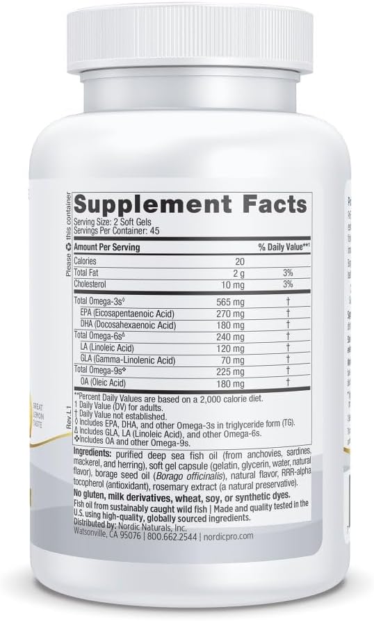 Nordic Naturals ProEFA 3-6-9 Lemon Flavor - 90 Soft Gels - 565 mg Omega-3 - EPA &amp DHA with Added GLA - Healthy Skin Cognition &amp Positive Mood - Non-GMO - 45 Servings