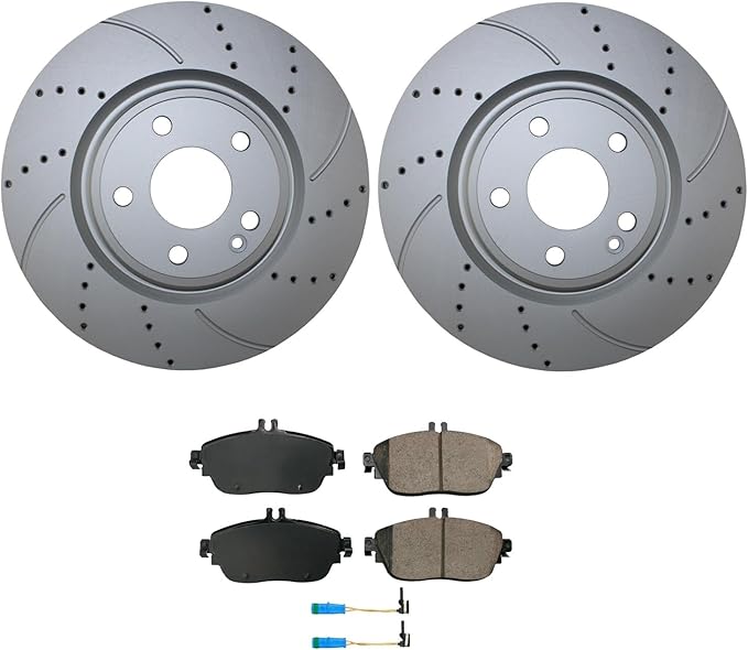 Drilled Slotted Coated Vented 320mm Disc Rotors &amp Akebono EURO Ceramic Pads Set with Electronic Sensors Front Brake Kit For Infiniti QX30 MB C117 CLA250 X156 GLA250 Without Sport Pkg
