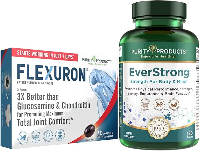 Purity Products Bundle - Flexuron Joint Formula + EverStrong Tablets - Flexuron - Krill Oil Hyaluronic Acid + Astaxanthin - EverStrong- Muscle Matrix Blend w/Creatine Coffee Fruit Extract + More